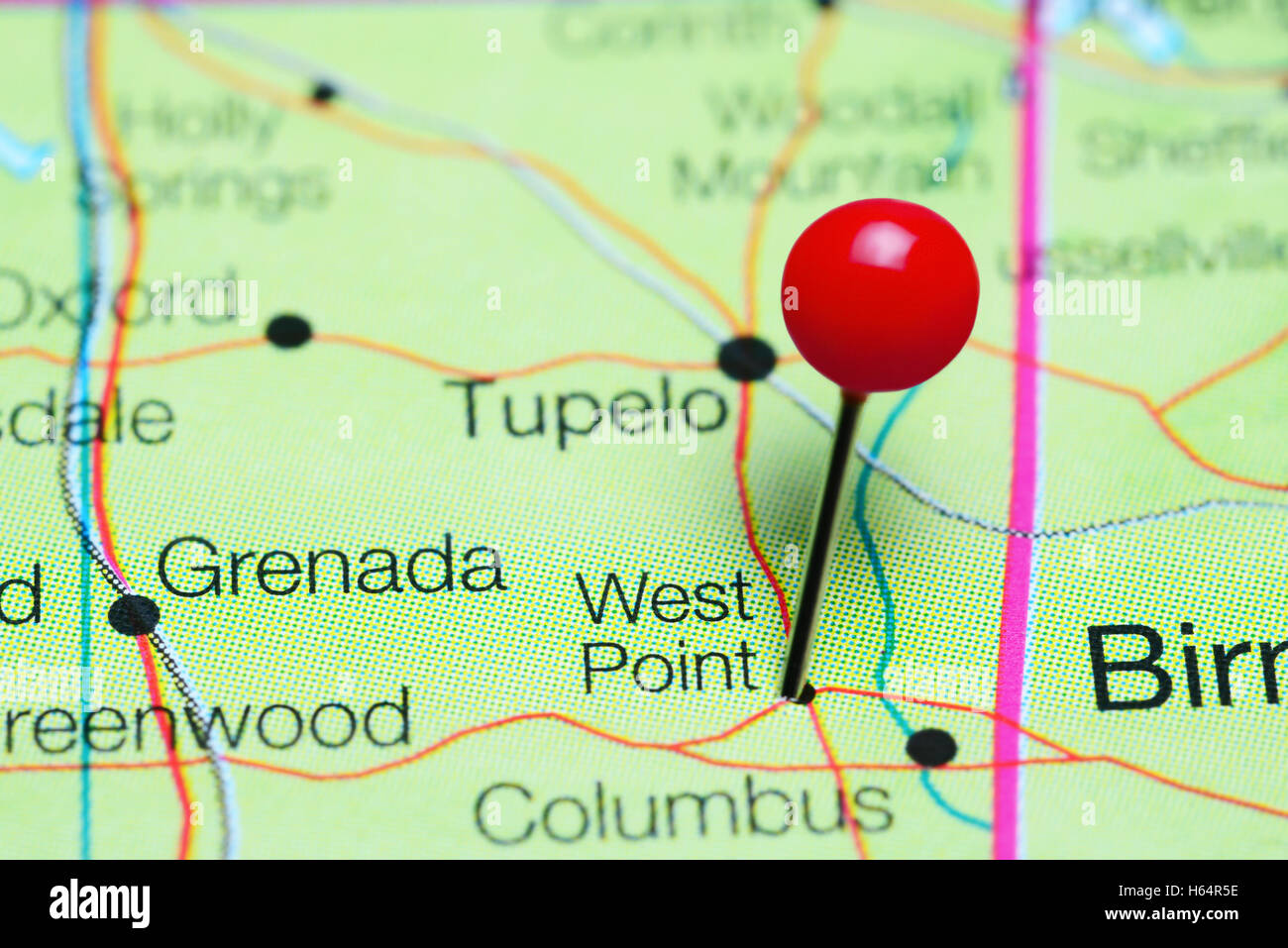 West Point pinned on a map of Mississippi, USA Stock Photo