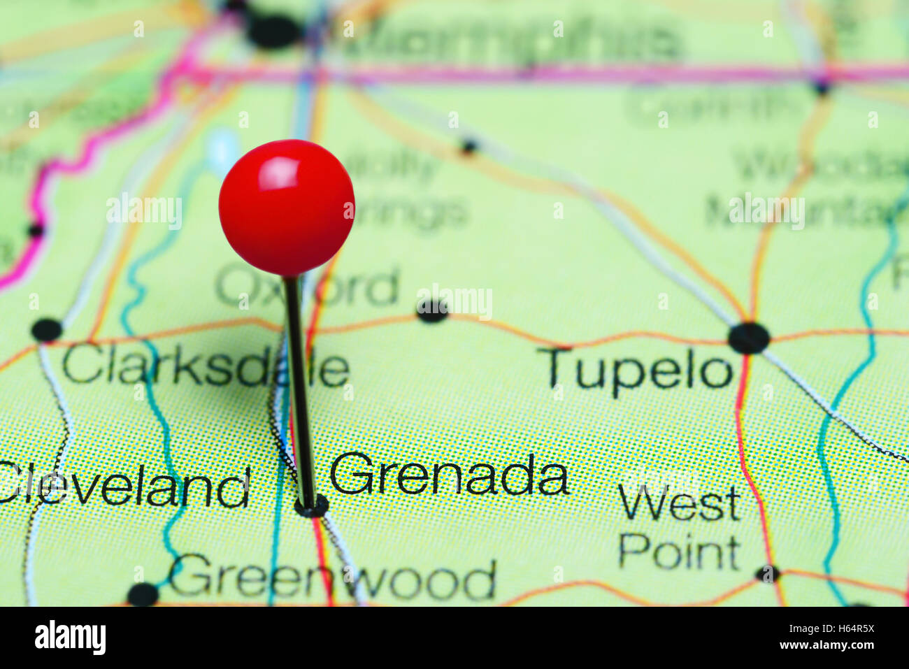 Grenada pinned on a map of Mississippi, USA Stock Photo