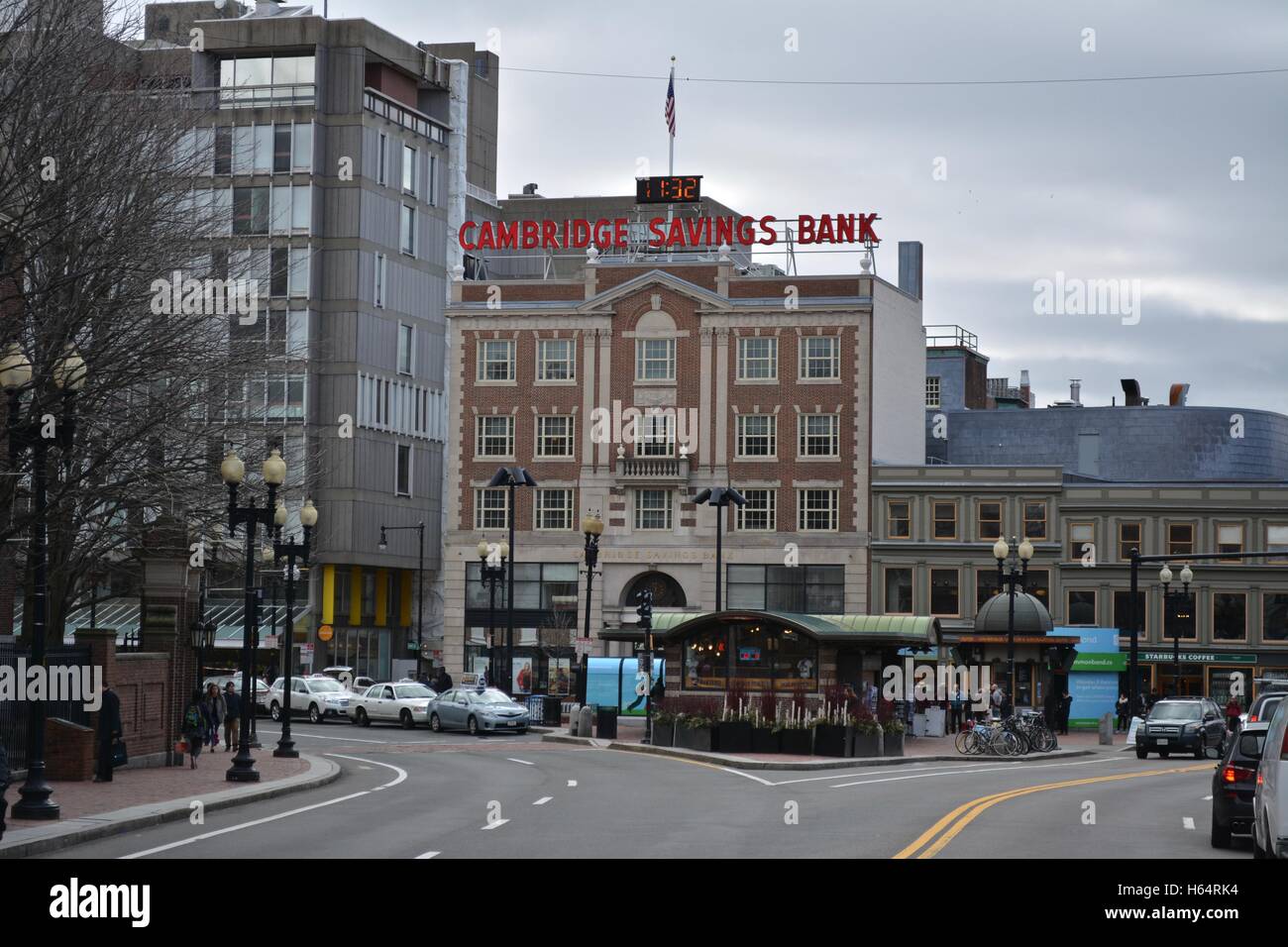 A view of Harvard Square in Cambridge, Massachusetts. Stock Photo