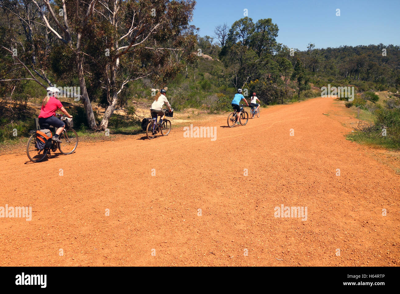 Cyclists on the Railway Reserve Heritage Trail, John Forrest National Park, Perth Hills, Western Australia. No MR or PR Stock Photo