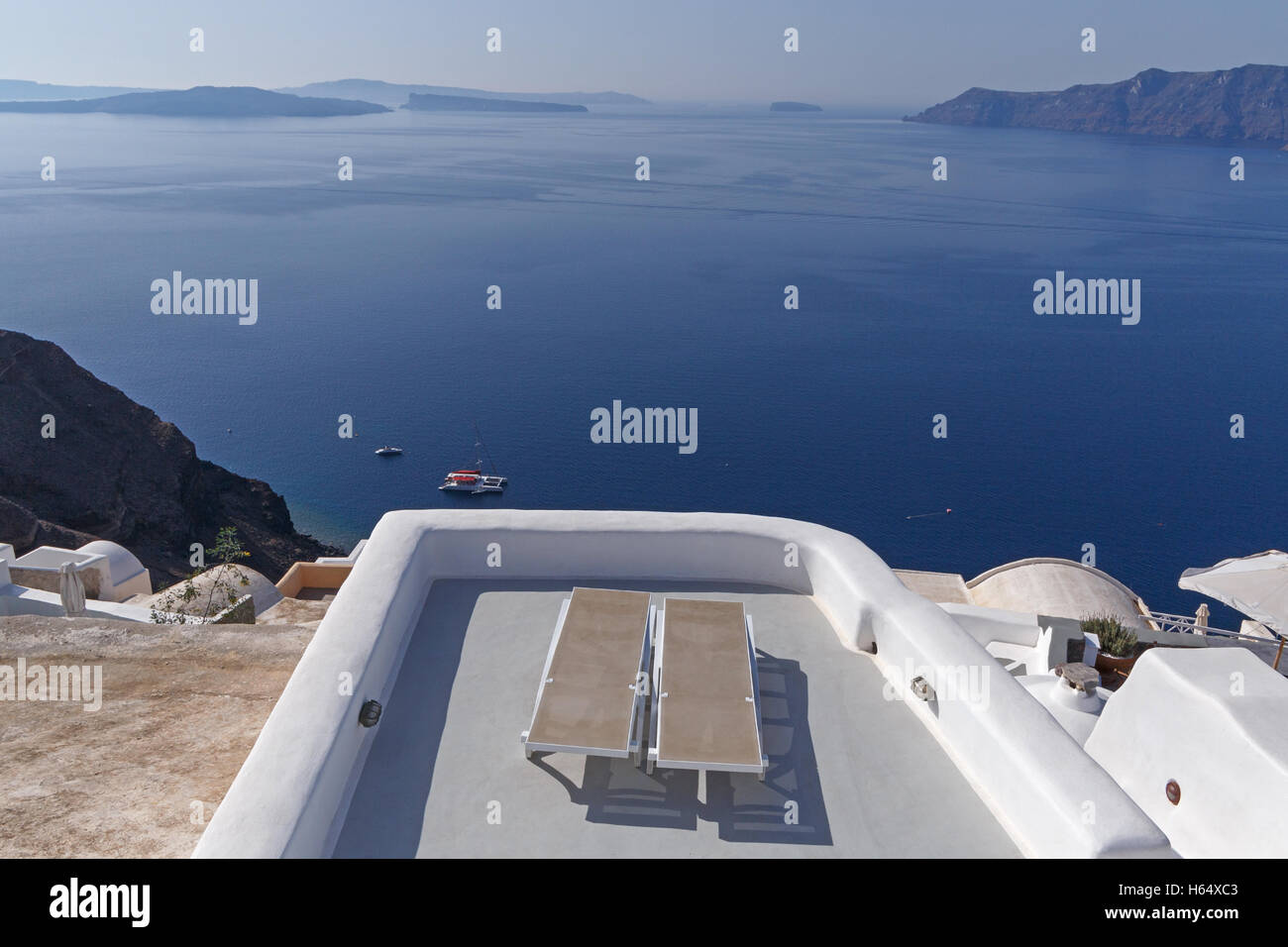 balcony of hotel in Oia on Santorini Stock Photo