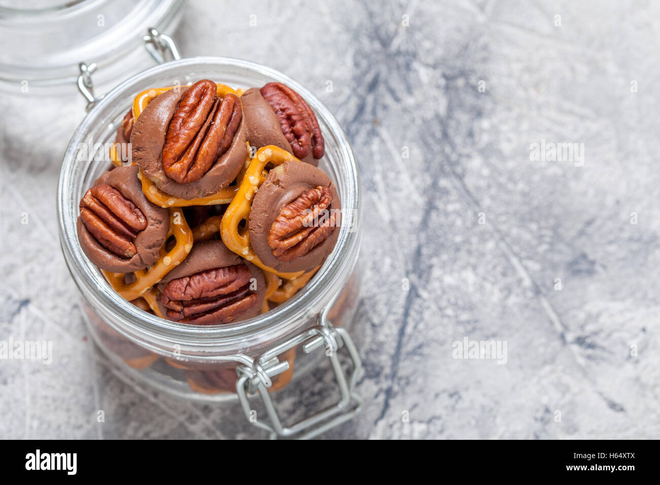 Chocolate Caramel Pecan Pretzel Bites Stock Photo Alamy
