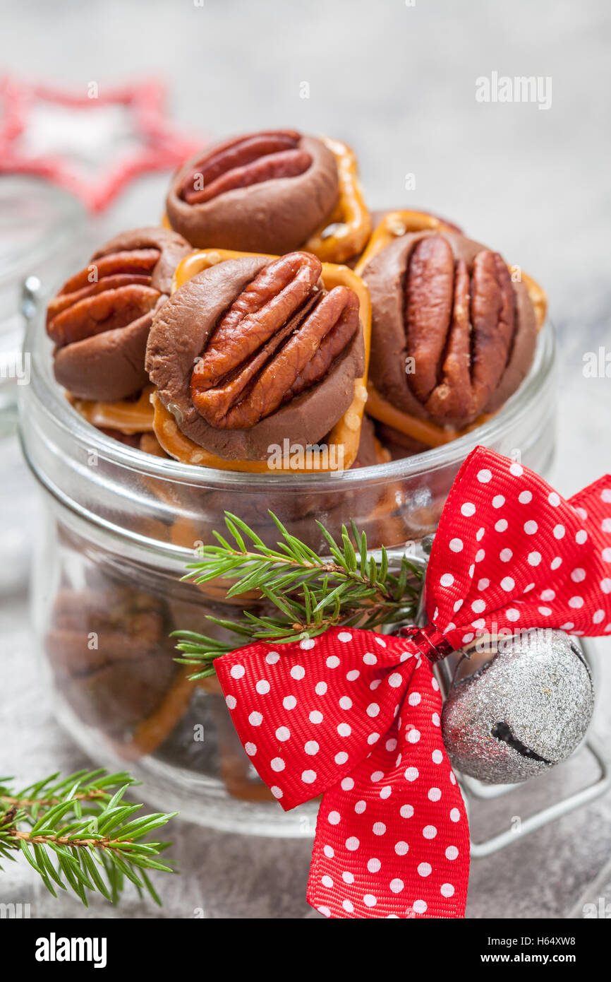 Chocolate Caramel Pecan Pretzel Bites Stock Photo Alamy