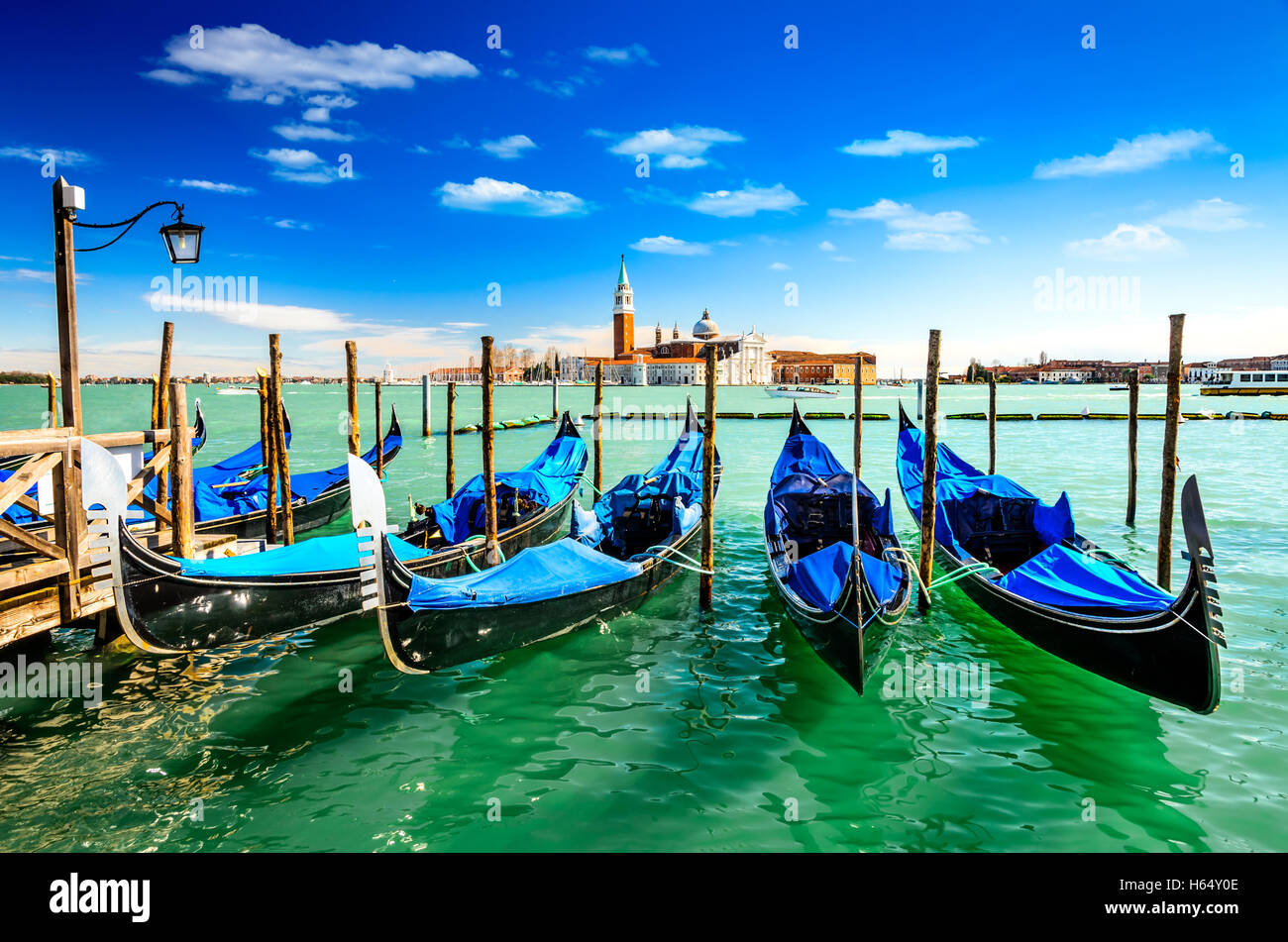 Venice Italy. Gondolas in Grang Canal, San Marco Square with San Giorgio di Maggiore church in the background. Stock Photo