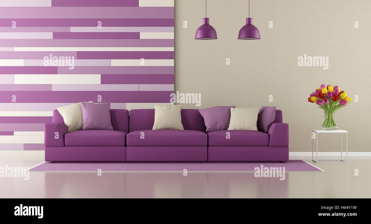 Contemporary purple living room with sofa and decorative panel on wall