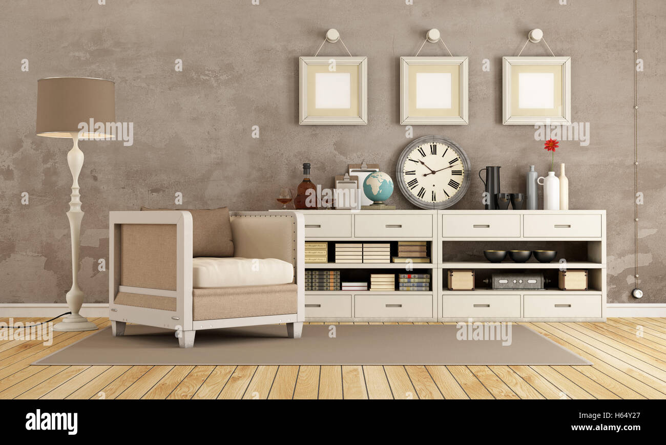 Brown vintage room with armchair and sideboard with decor objects - 3d rendering Stock Photo