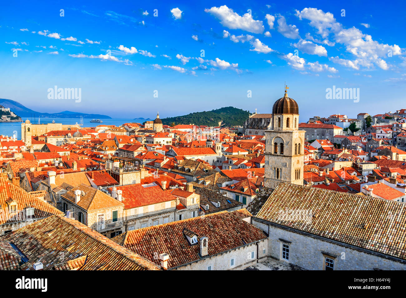 Dubrovnik, Croatia. Sunset golden light over Old Town roofs of Ragusa (Duvrovnik). Stock Photo