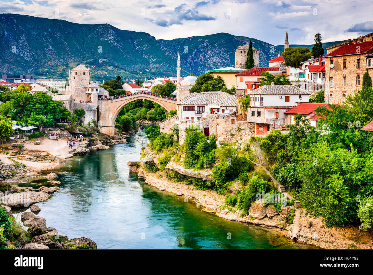 Mostar, Bosnia and Herzegovina. The Old Bridge, Stari Most, with emerald river Neretva. Stock Photo