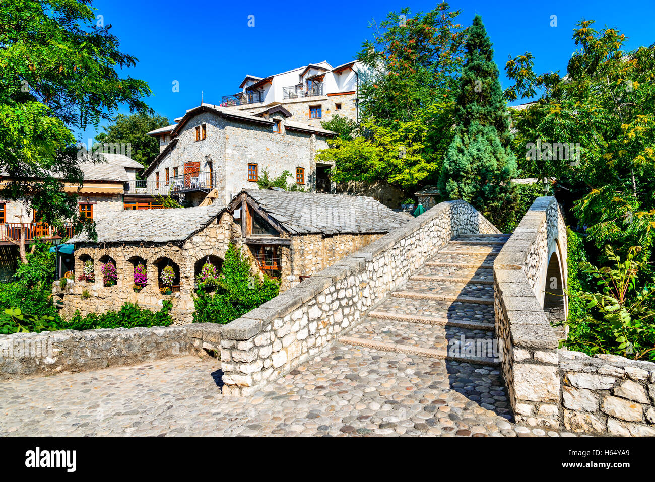 Mostar, Bosnia and Herzegovina. The most historical site in Mostar is the old bridge known as Stari Most locate in the old town  Stock Photo