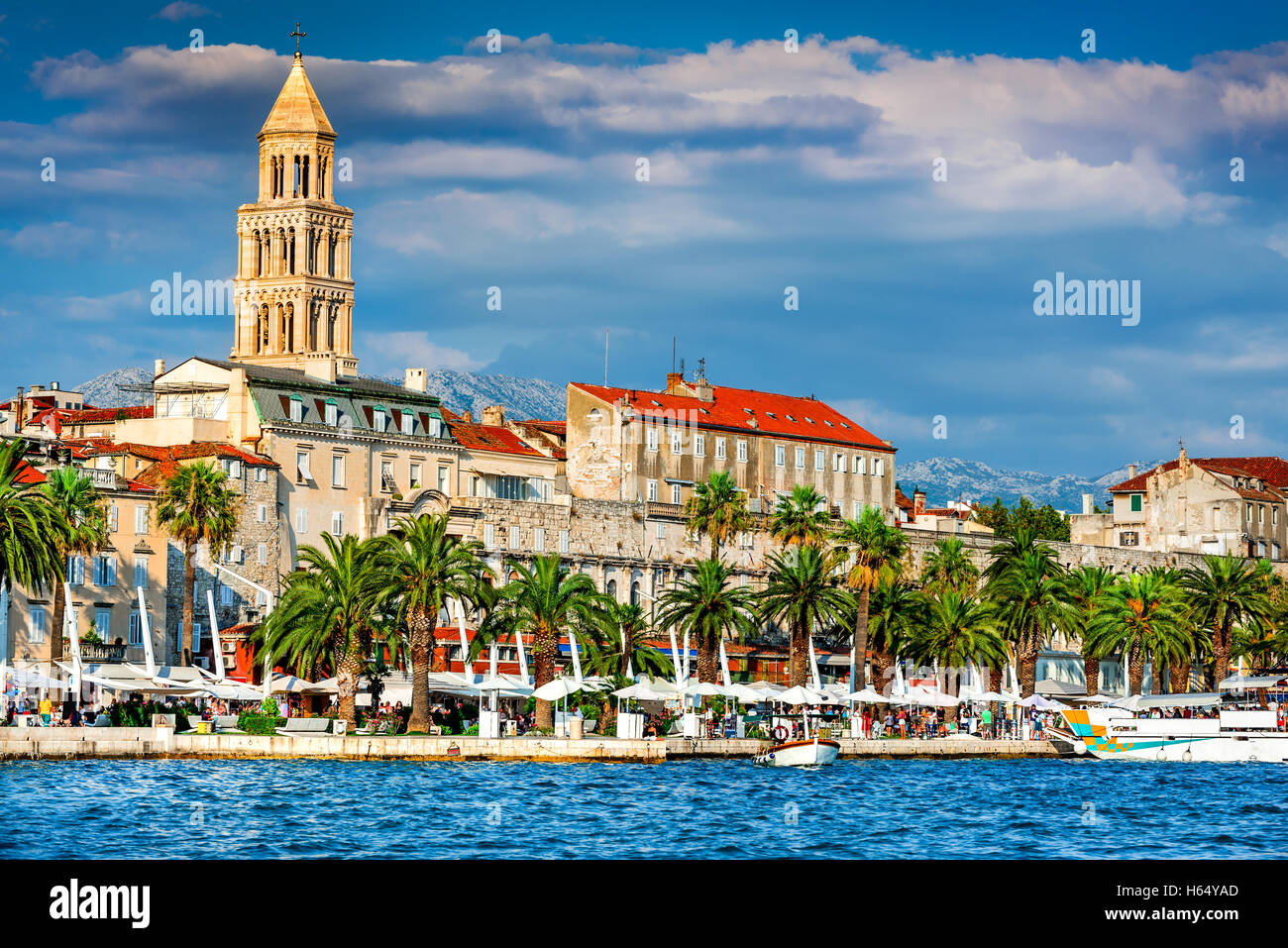 Split, Croatia. Split, Croatia (region of Dalmatia). UNESCO World Heritage Site. Diocletian Palace and Mosor mountains. Stock Photo