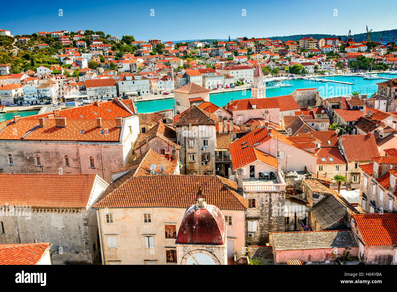 Trogir, Croatia. The old town from Middle Dalmatia, seen from the bell tower of the Lawrence Cathedral. Stock Photo