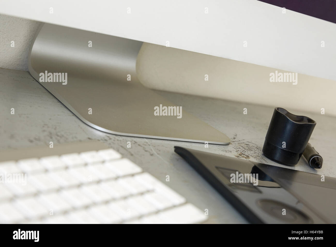 Close Up of Computer, Keyboard and Graphic Tablet with Shallow Depth Of Field. Stock Photo