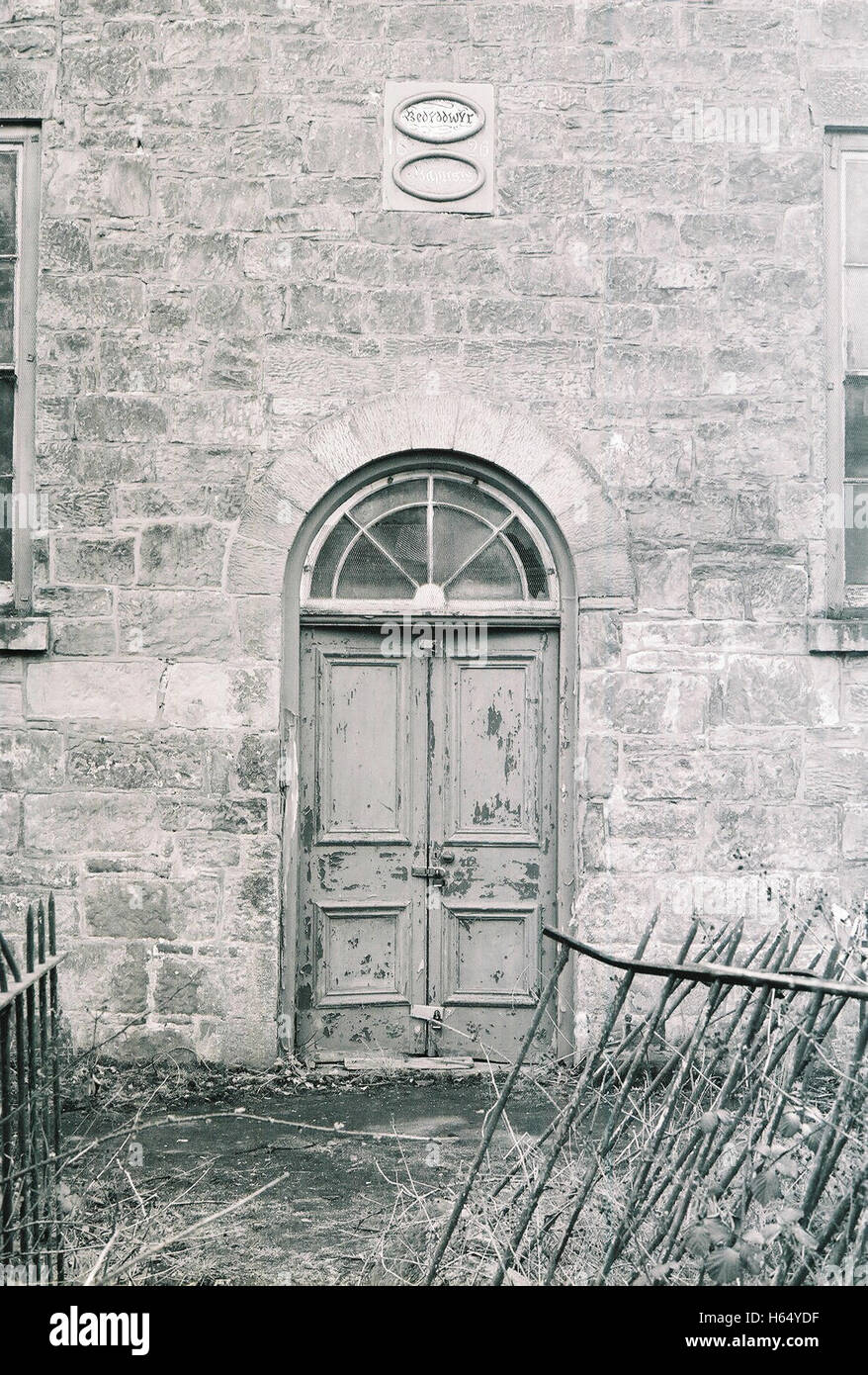 Abandoned Welsh chapel and cemetery shot Kodak BW400 black and white film Stock Photo