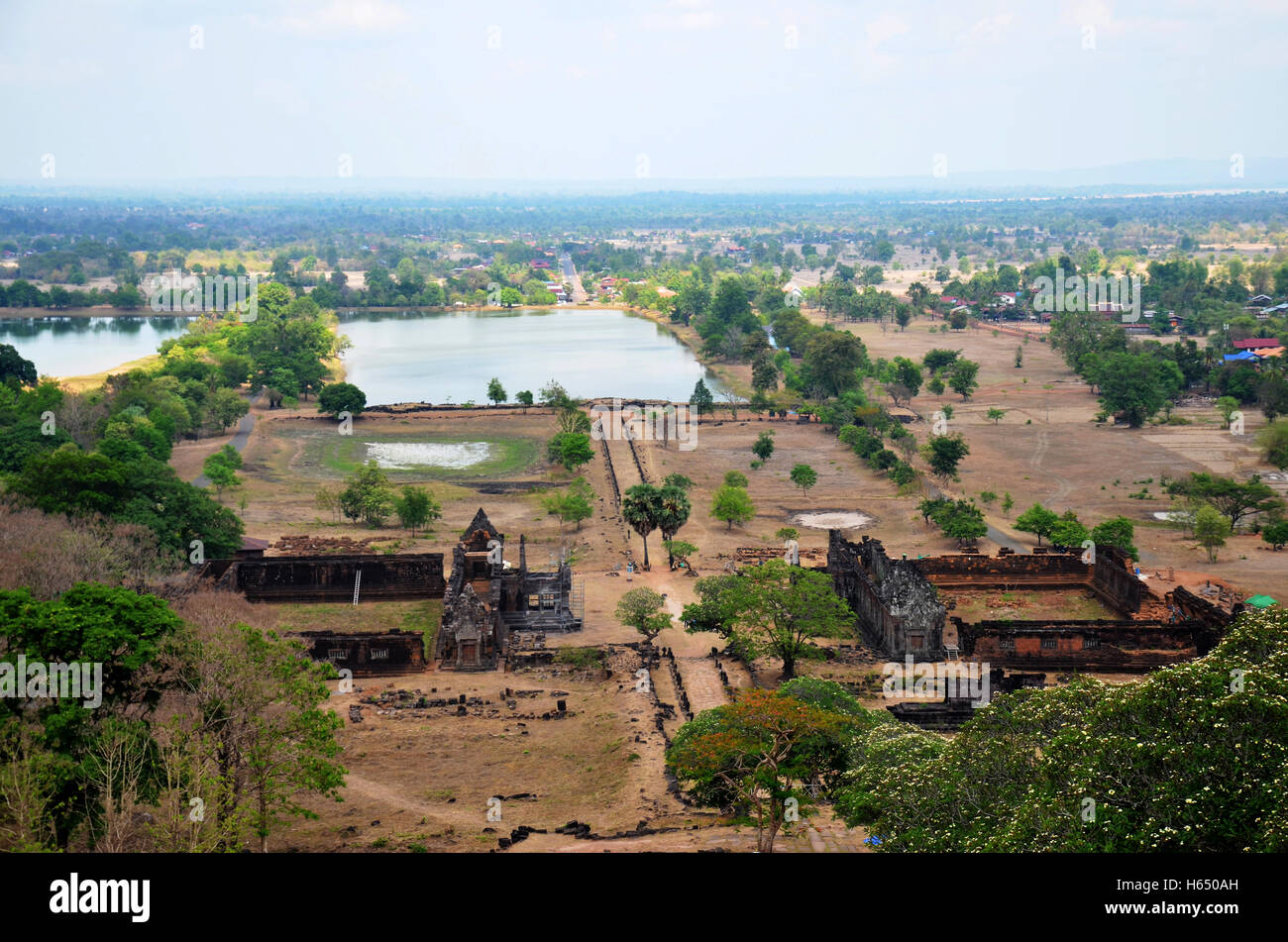 Aerial view landscape of archaeological site Wat Phu or Vat Phou 10th century is a ruined Khmer Hindu temple for people visit an Stock Photo