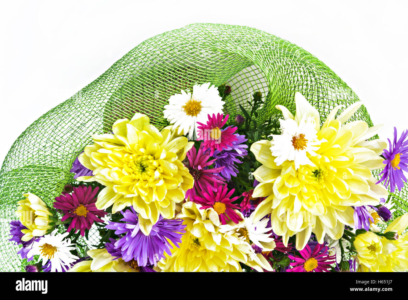 bouquet with chrysanthemums and asters on a white background close-up. Stock Photo