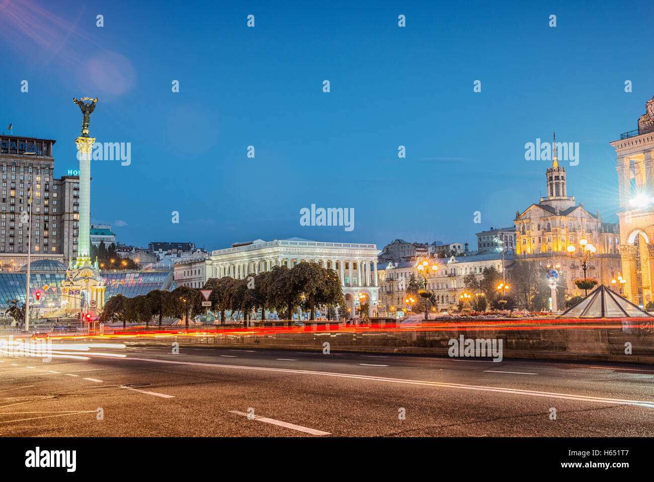Evening Independence Square Kiev, Ukraine Stock Photo