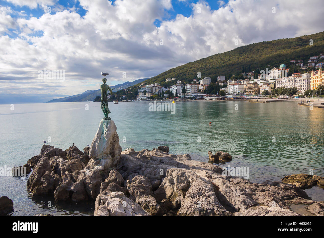 Seascape Opatija in Croatia with Sculpture of the woman with the sea Stock Photo