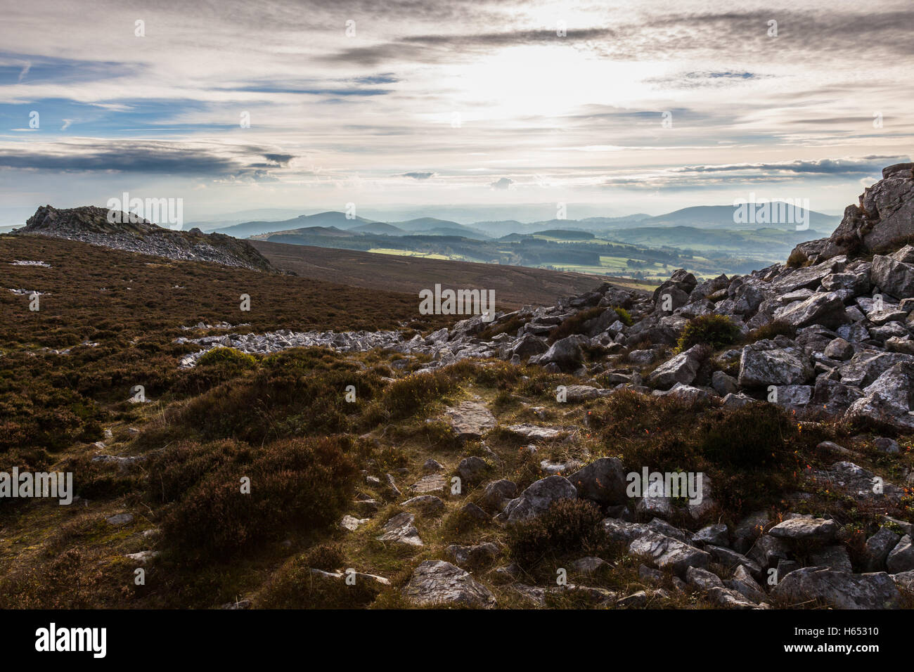 Looking towards Corndon Hill and mid Wales from the Stiperstones ridge near Snailbeach, Shropshire, England, UK Stock Photo