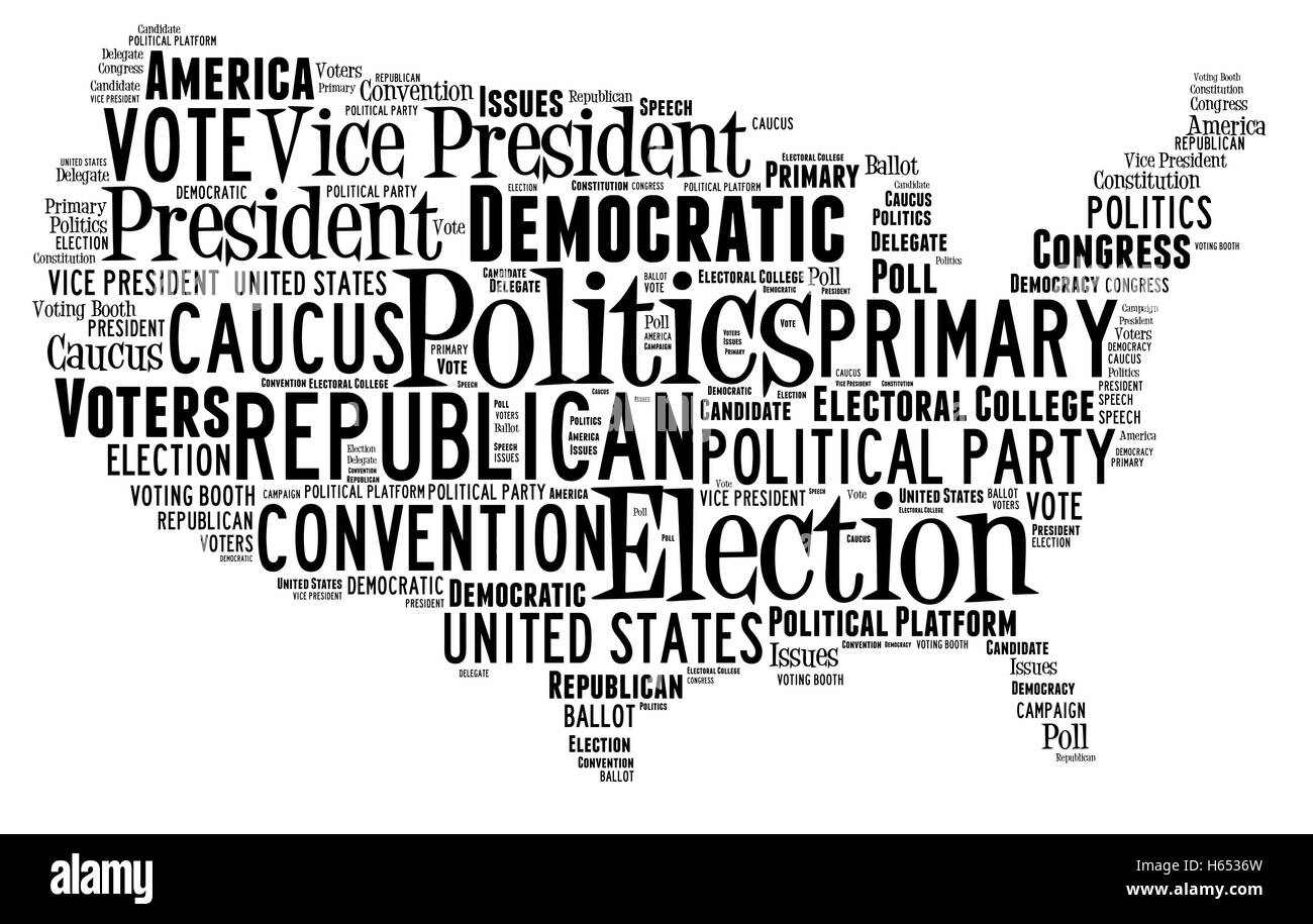 Word Cloud in the shape of the United States showing words dealing with elections Stock Photo