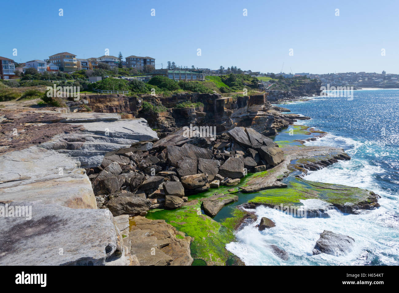 Bondi to Coogee walk is 6 km long located in Sydneys eastern suburbs Stock Photo