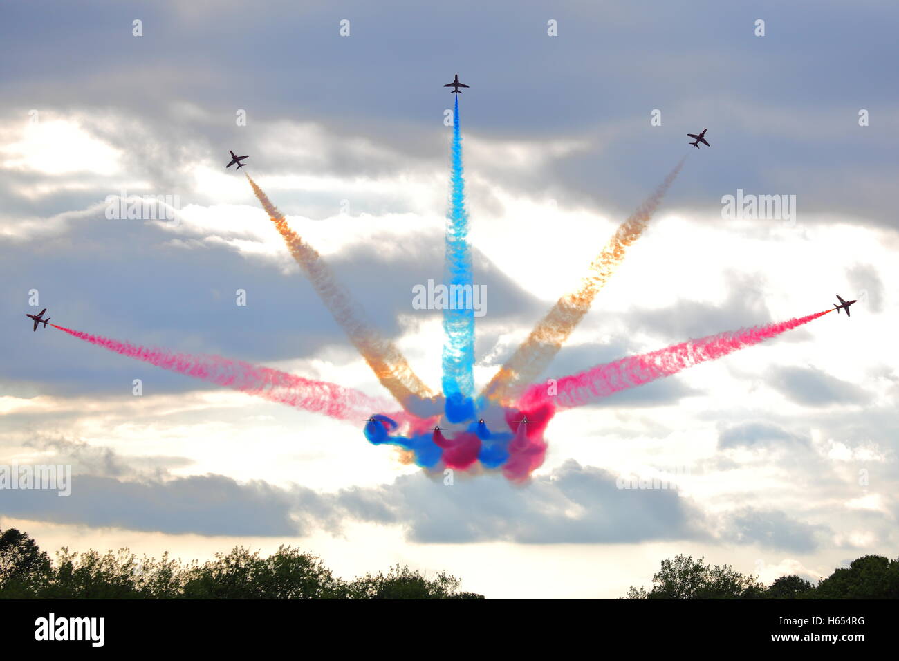 Red Arrows in their BAE Hawk T.1 performing a perfect maneuver at Biggin Hill Air Show 2014 Stock Photo