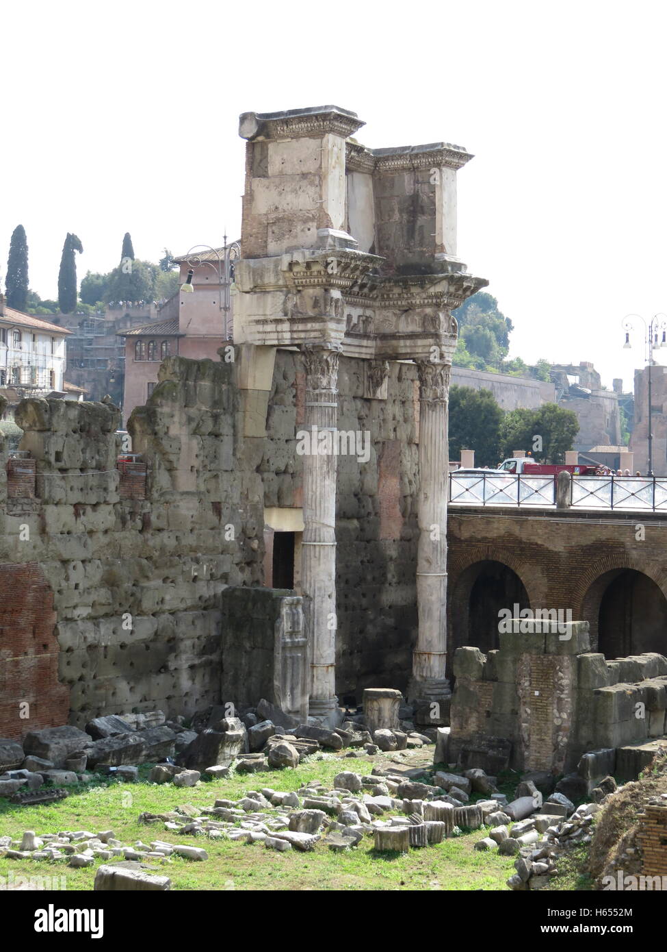 Roman ruins at Foro de Nerva seen from Via Tor de Conti Stock Photo