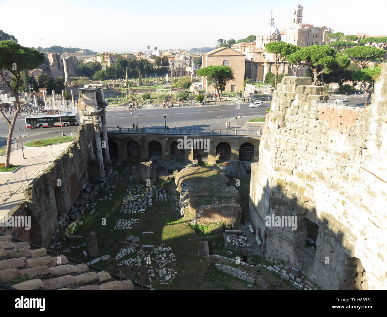 Roman ruins at Foro de Nerva seen from Via Tor de Conti Stock Photo