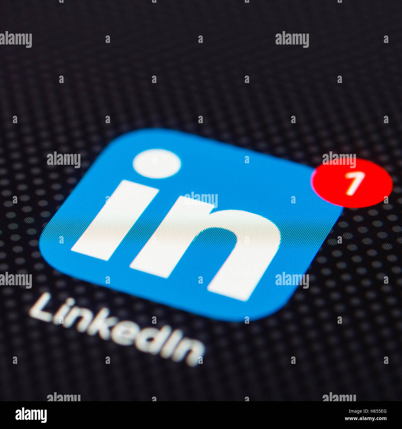 LinkedIn business networking app close up on iPhone smart phone screen Stock Photo