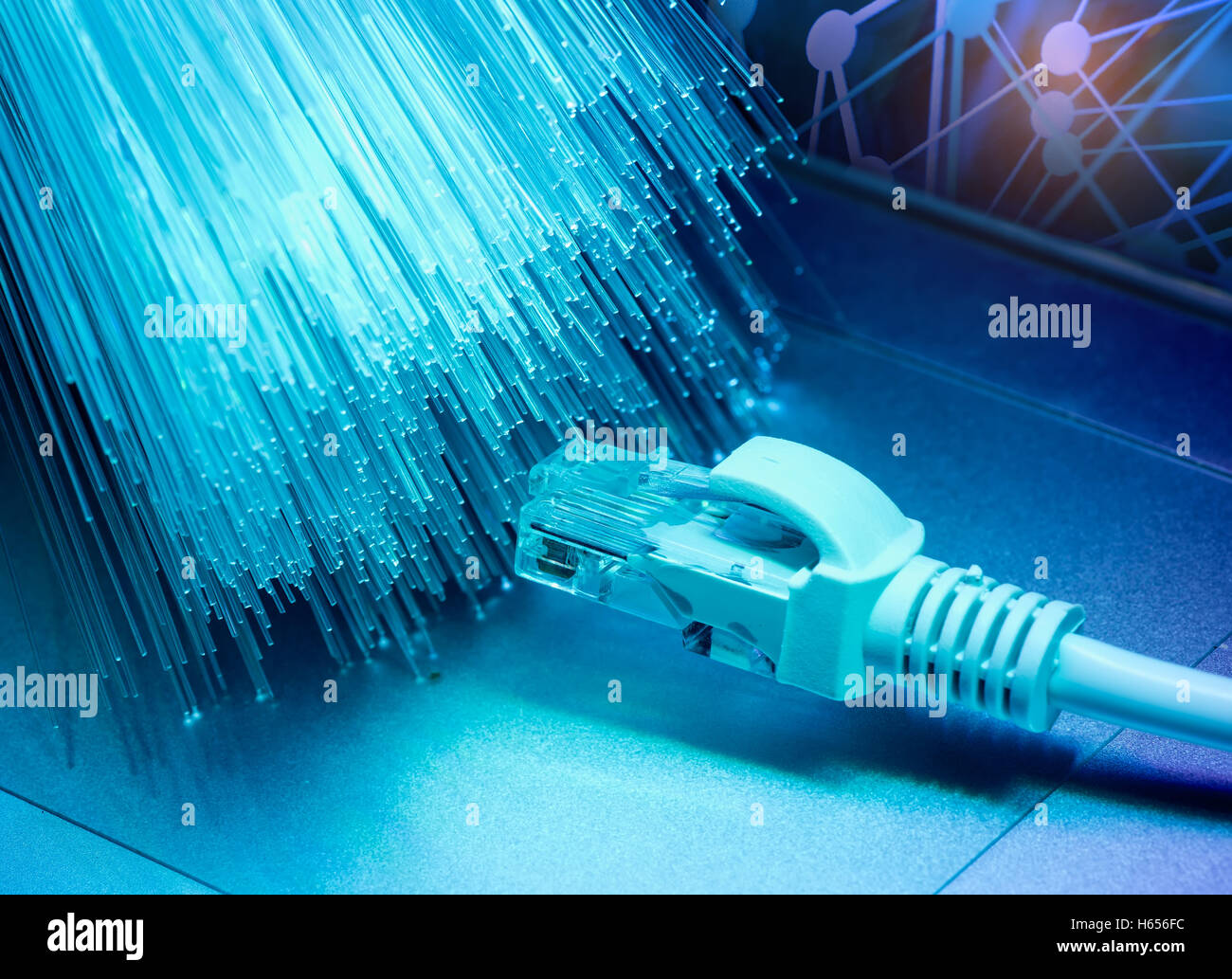 network cable with high tech technology color background Stock Photo