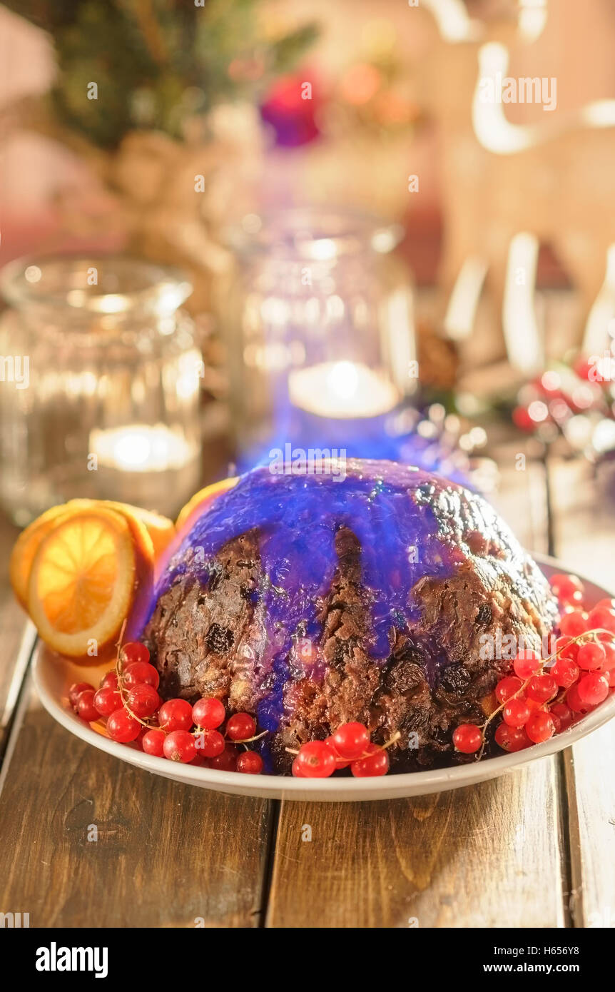 Christmas pudding flambe Stock Photo Alamy