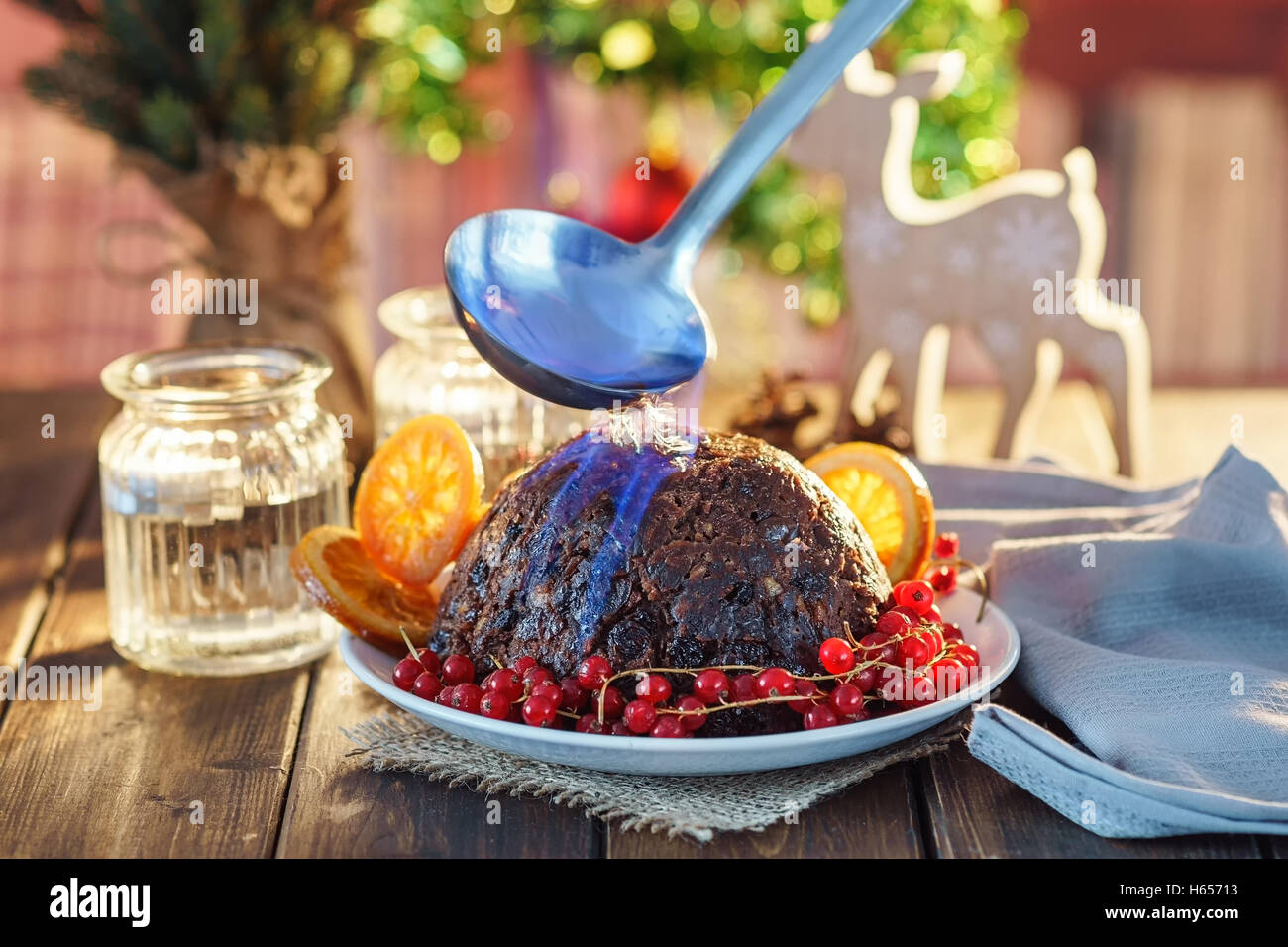 Christmas pudding flambe Stock Photo Alamy
