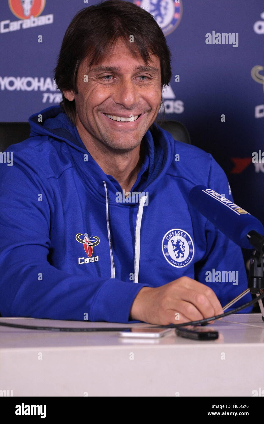 Antonio Conte (Italy) Manager, Chelsea Football Club, addresses the press at the clubs training ground Stock Photo
