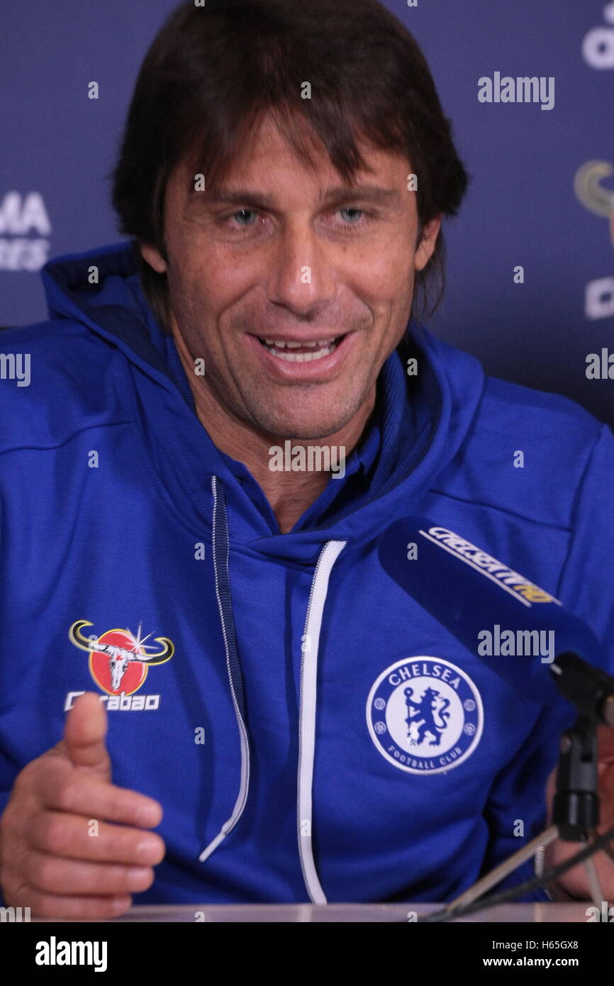 Antonio Conte (Italy) Manager, Chelsea Football Club, addresses the press at the clubs training ground Stock Photo