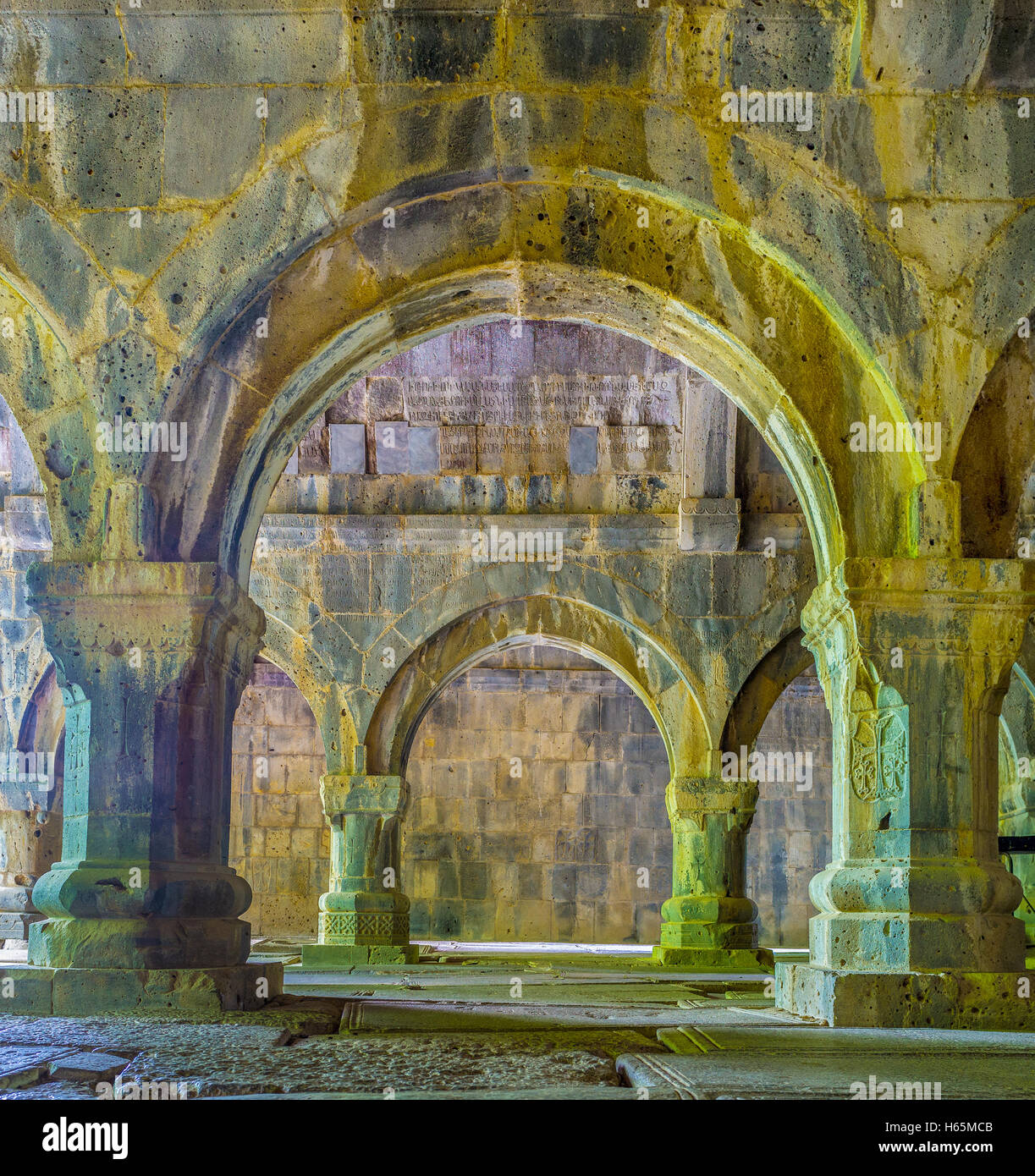The  prayer hall of Sanahin Monastery with columns and arches of stone, Armenia Sanahin Stock Photo