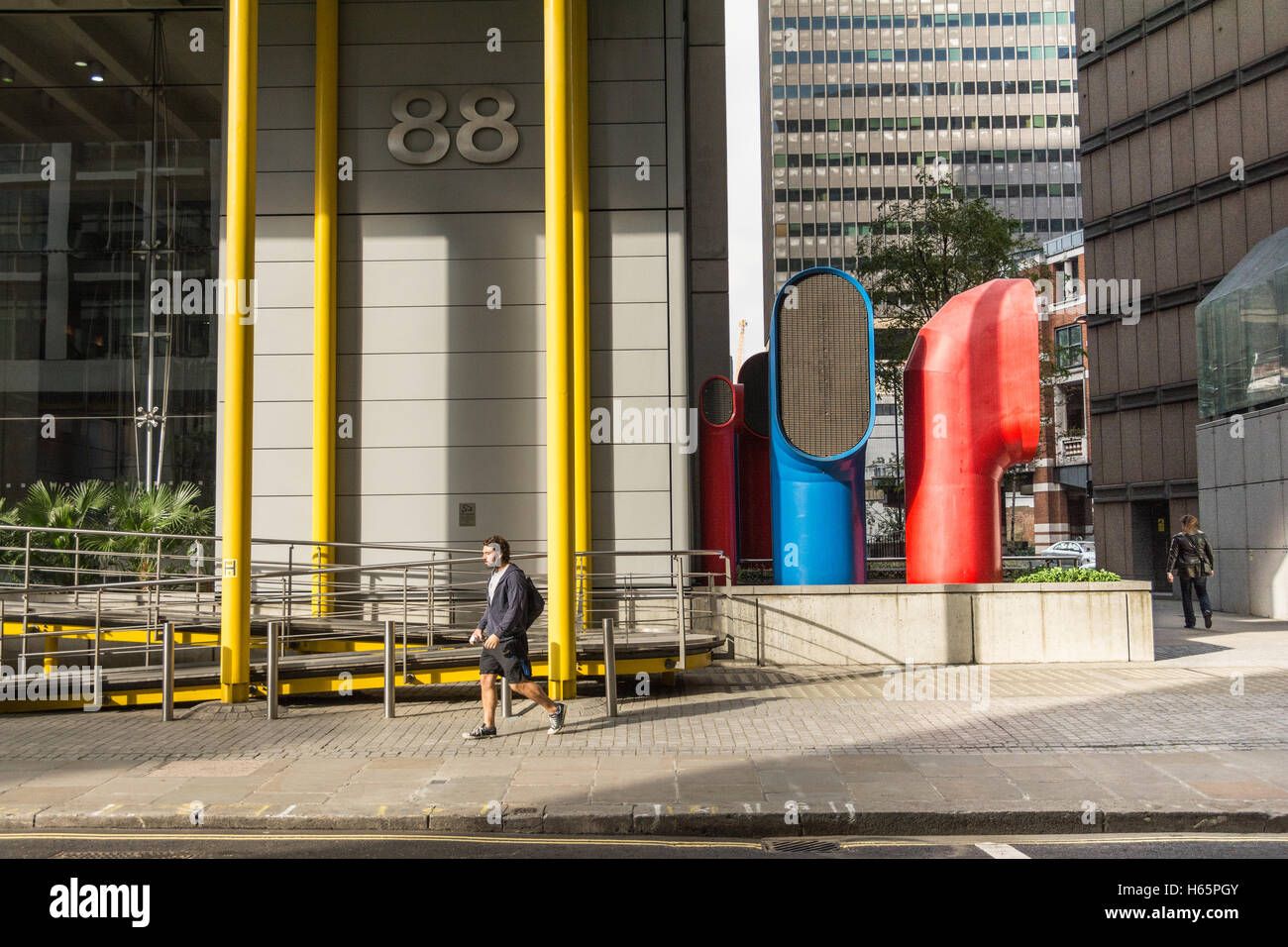 Brightly coloured ventilation shafts at 88 Wood Street, in the City of London, UK Stock Photo