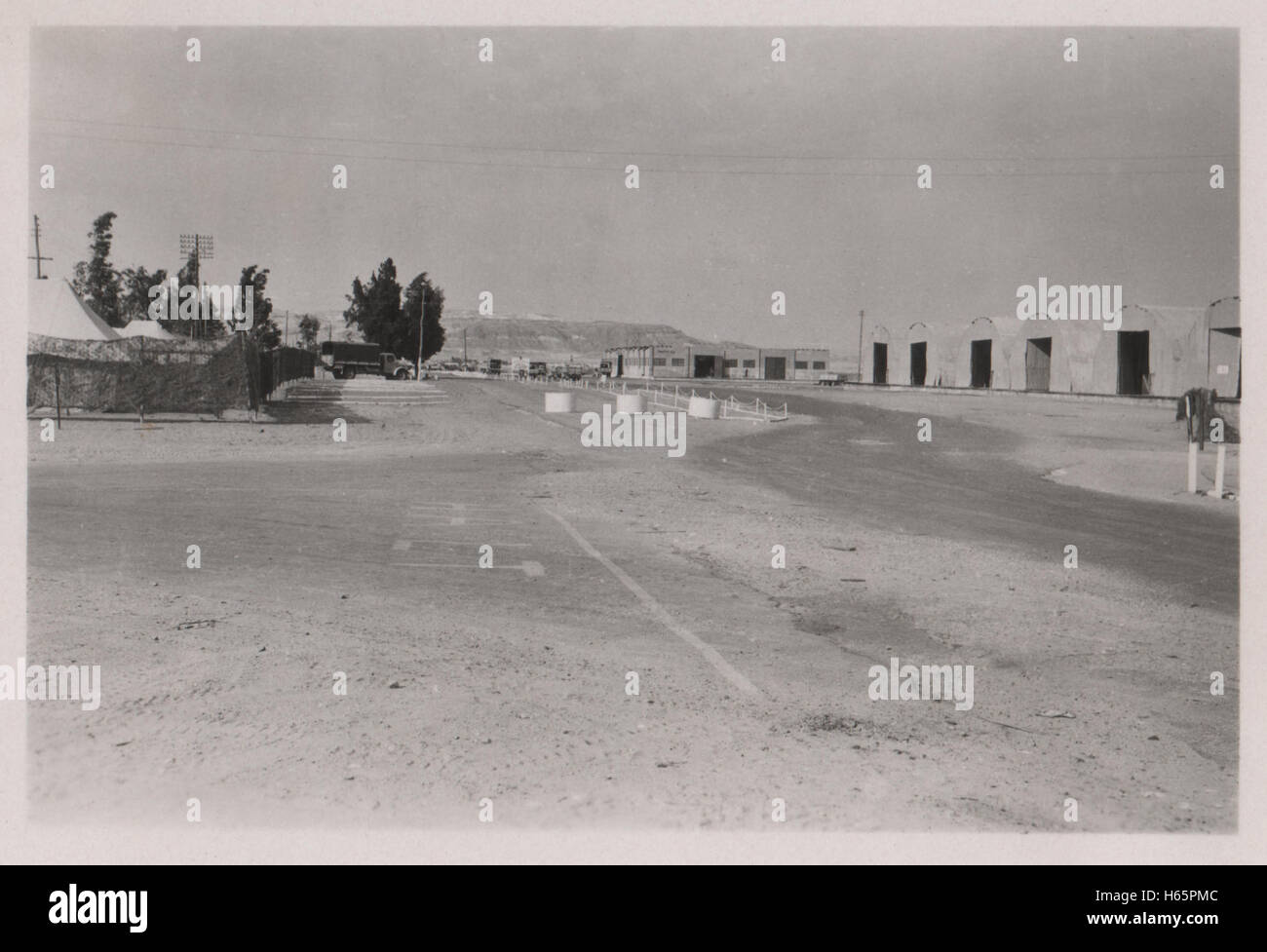 Maintenance sheds at 10 Base Ordnance Depot Royal Army Ordnance Corps (RAOC) camp at Geneifa Ismailia area near the Suez Canal 1952 in the period prior to withdrawal of British troops from the Suez Canal zone and the Suez Crisis. Stock Photo