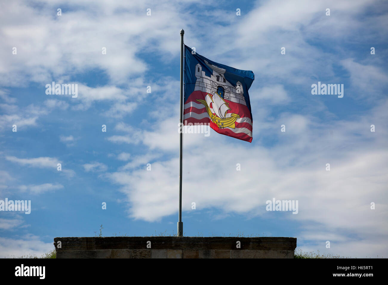 Flag of Belgrade on the gate of Kalemegdan fortress, Serbia Stock Photo