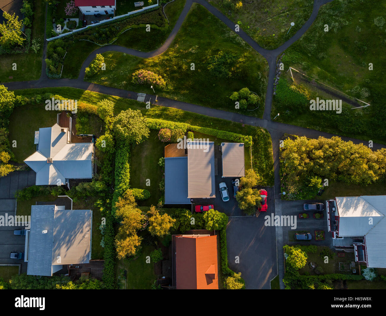 Aerial view of roofs, Grafarvogur, a suburb of Reykjavik, Iceland Stock Photo