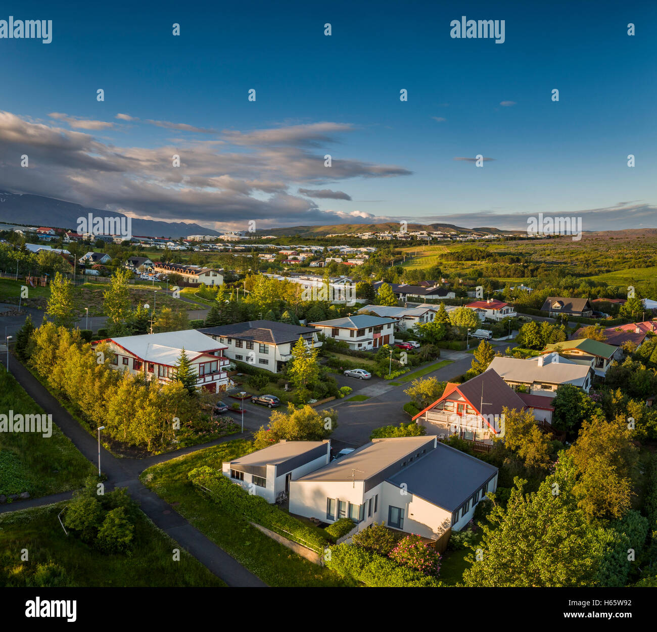 Homes in Grafarvogur, suburb of Reykjavik, Iceland. This image is shot using a drone. Stock Photo