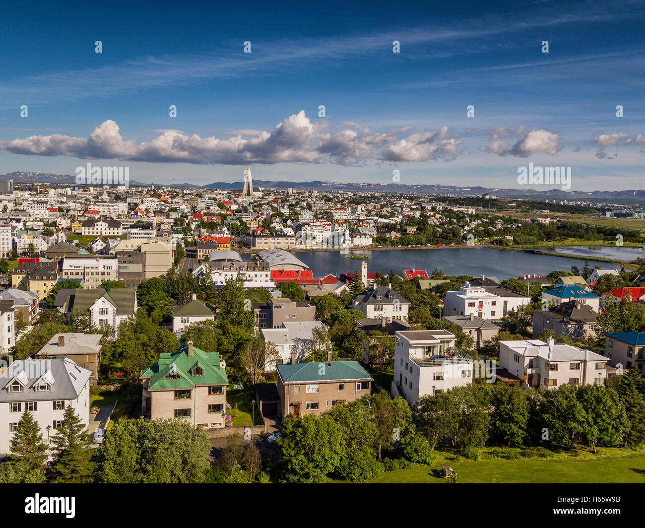 Aerial view of a neighborhood in Reykjavik, Iceland. This image is shot using a drone. Stock Photo