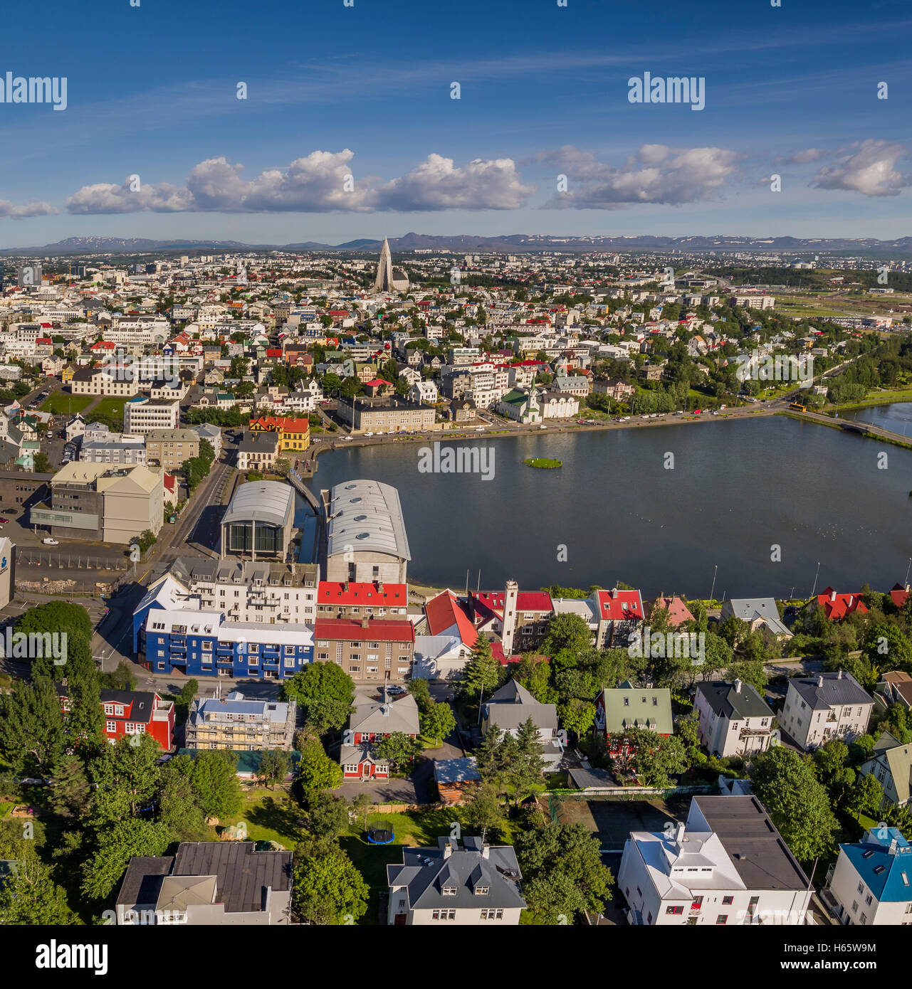 Aerial view of Reykjavik, Iceland. This image is shot using a drone. Stock Photo