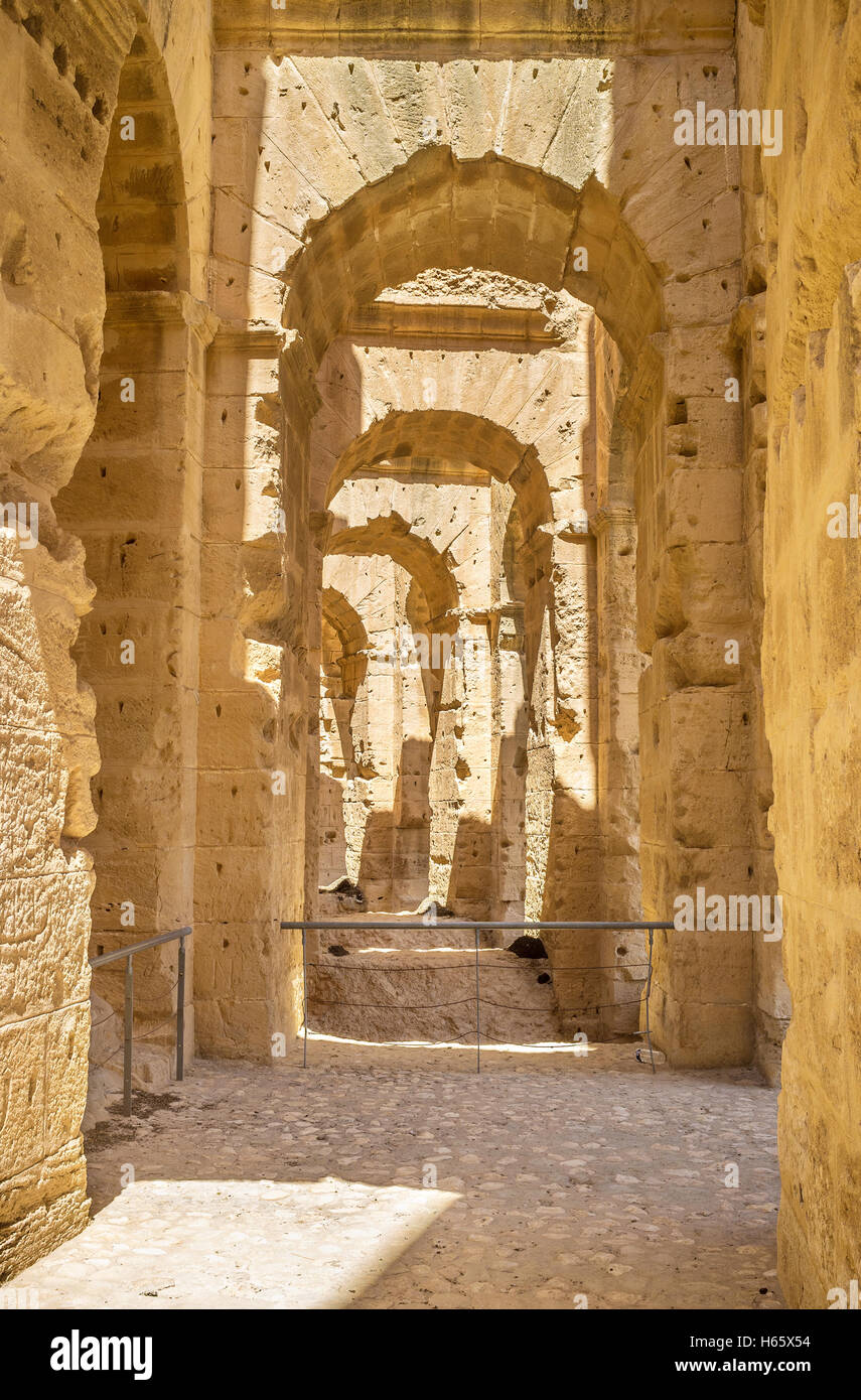 THe long narrow hall in riman amphitheatre, El Jem, Tunisia. Stock Photo