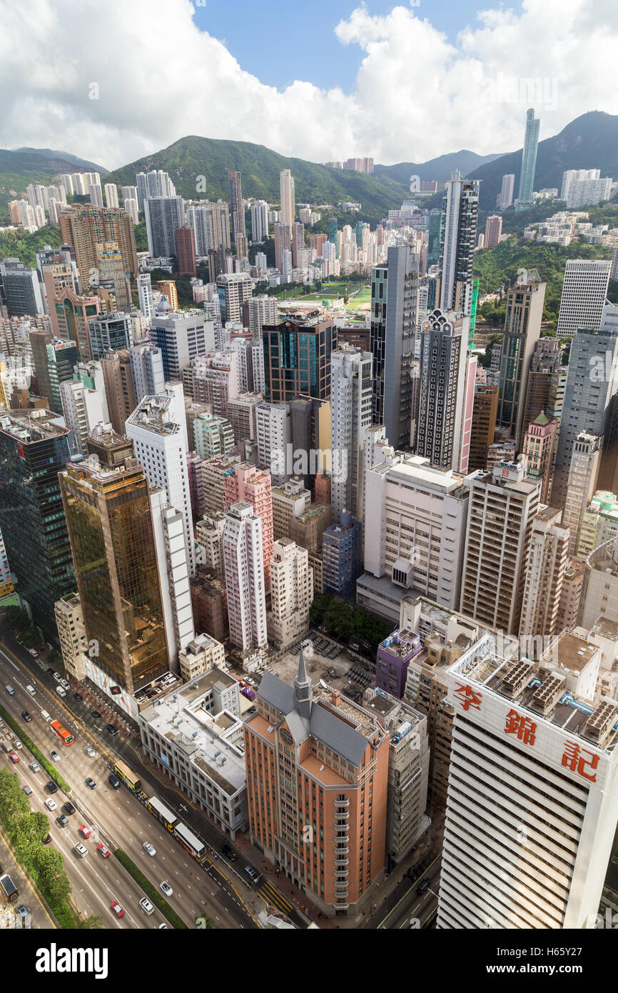 Skyscrapers in Wan Chai and Happy Valley on Hong Kong Island in Hong Kong, China, viewed from above. Stock Photo