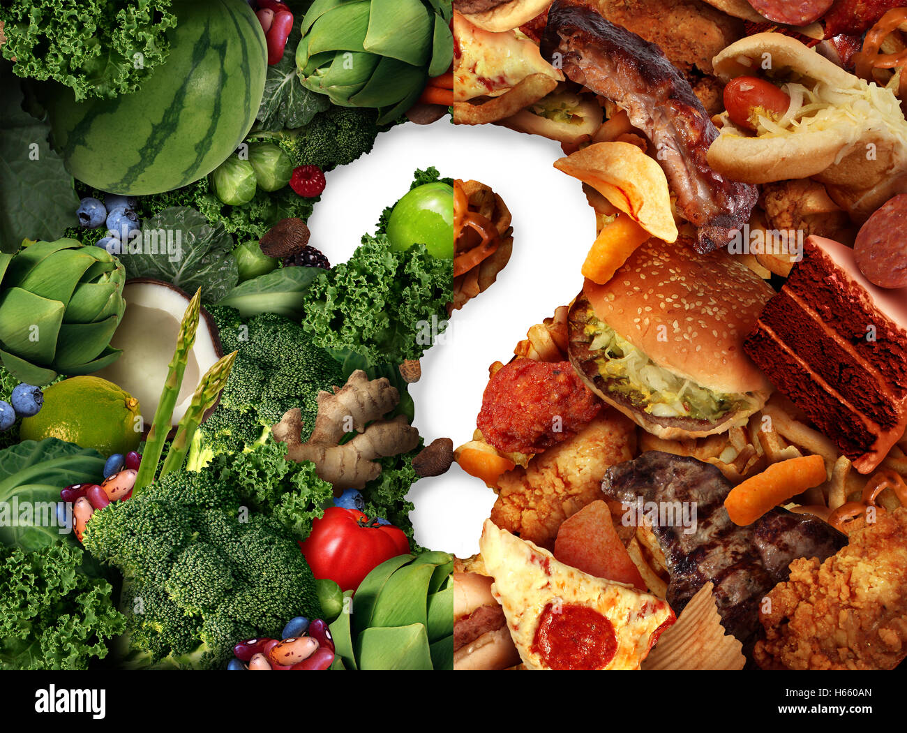 Nutrition confusion idea and diet decision concept and food choices dilemma between healthy good fresh fruit and vegetables or greasy cholesterol rich fast food as a question mark trying to decide what to eat. Stock Photo
