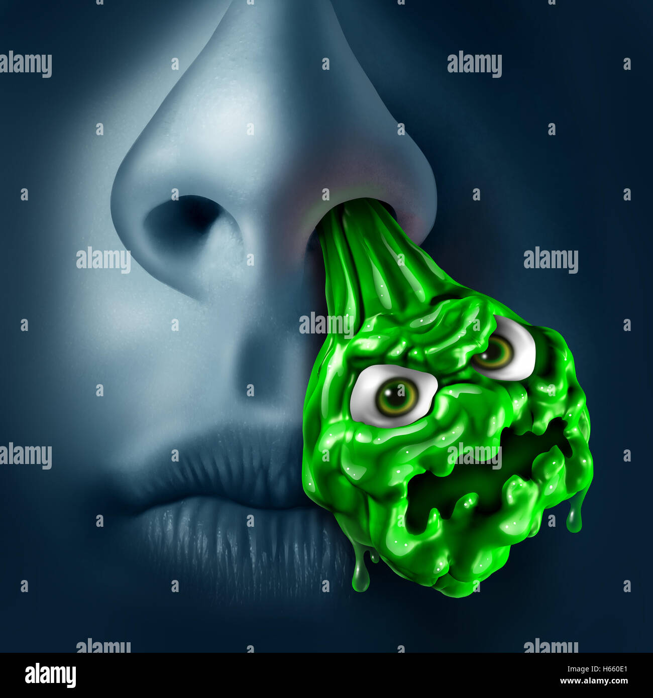 Mucus snot concept as a runny nose with green liquid shaped as a contagious monster dripping out of a nostril as a medical illness symbol for sinus or nasal infection with 3D illustration elements. Stock Photo