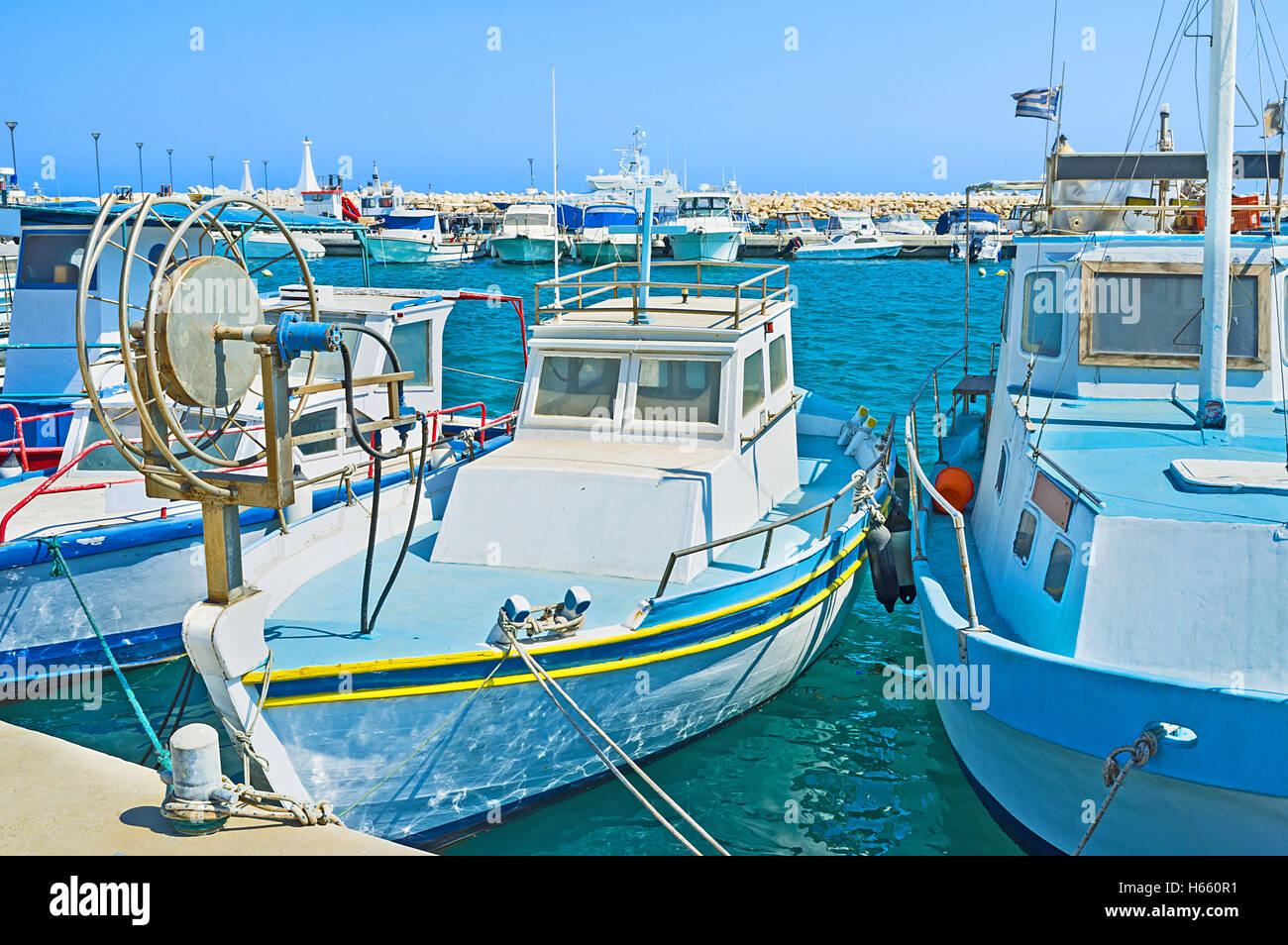 The Zugi village is the best place to hire a small boat, Cyprus. Stock Photo