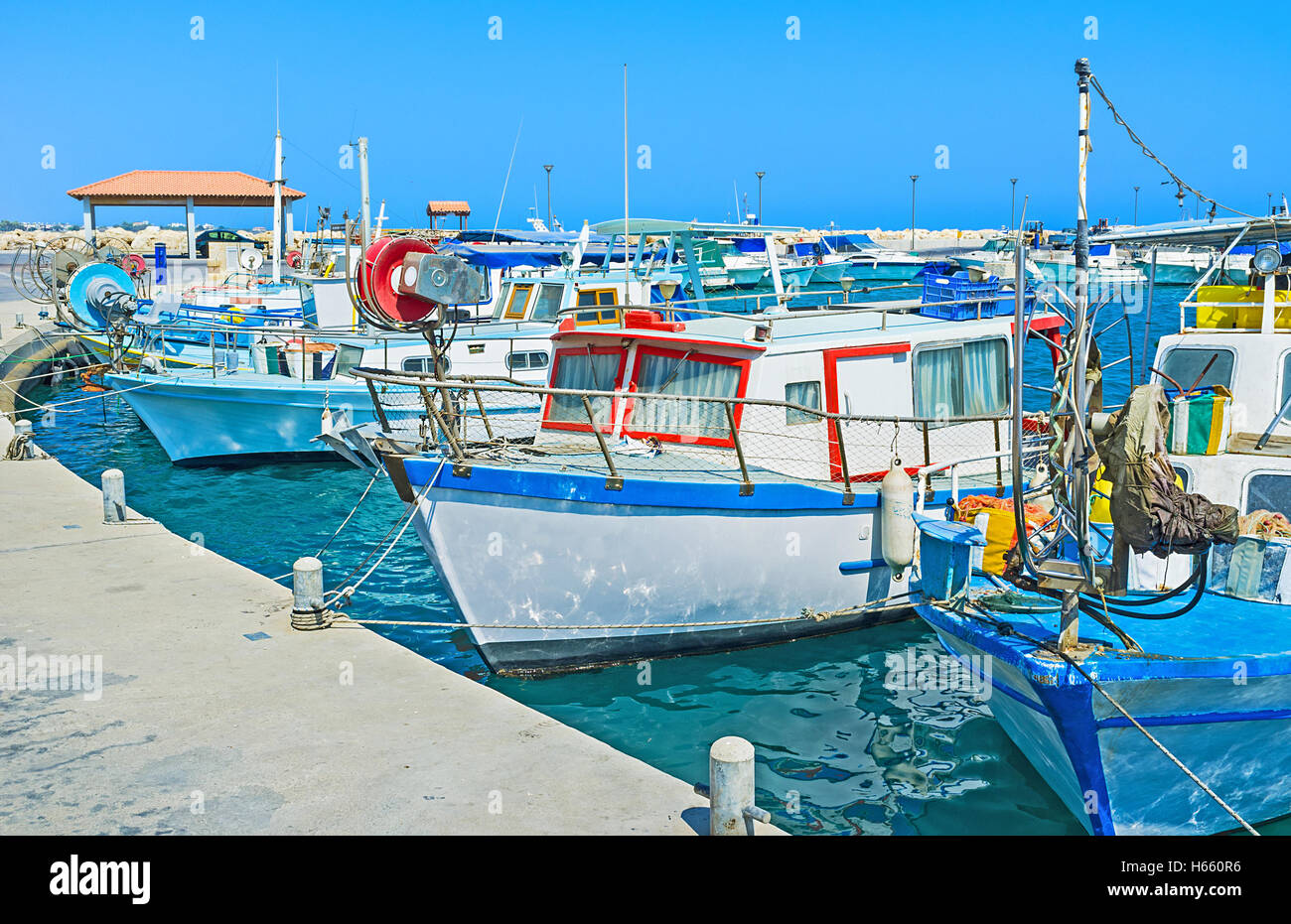The Haven of Zugi is full of the fishing boats, always ready to make a tourist trip, Cyprus. Stock Photo