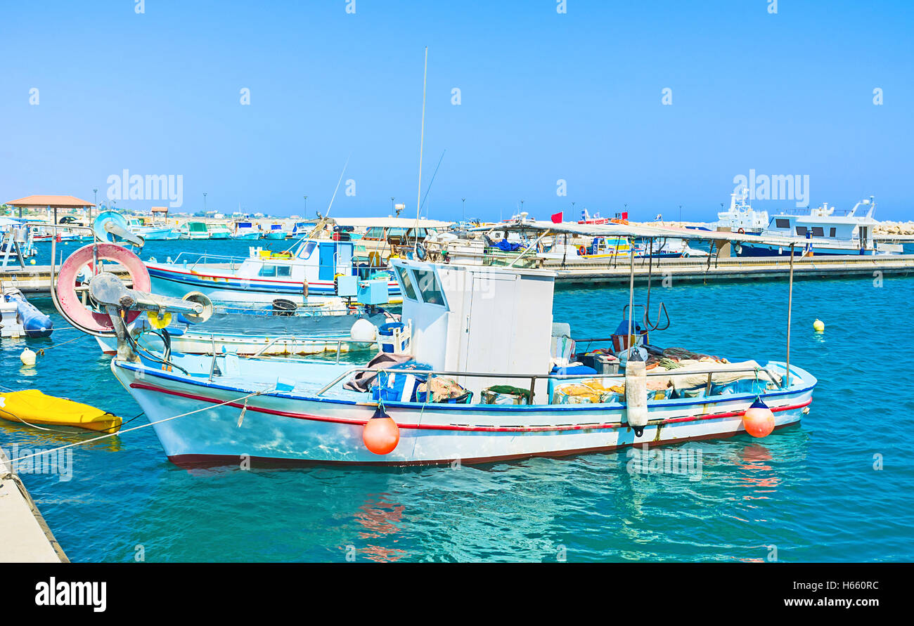 The best way to enjoy vacation in Cyprus is to hire a boat for the fishing, Zugi. Stock Photo