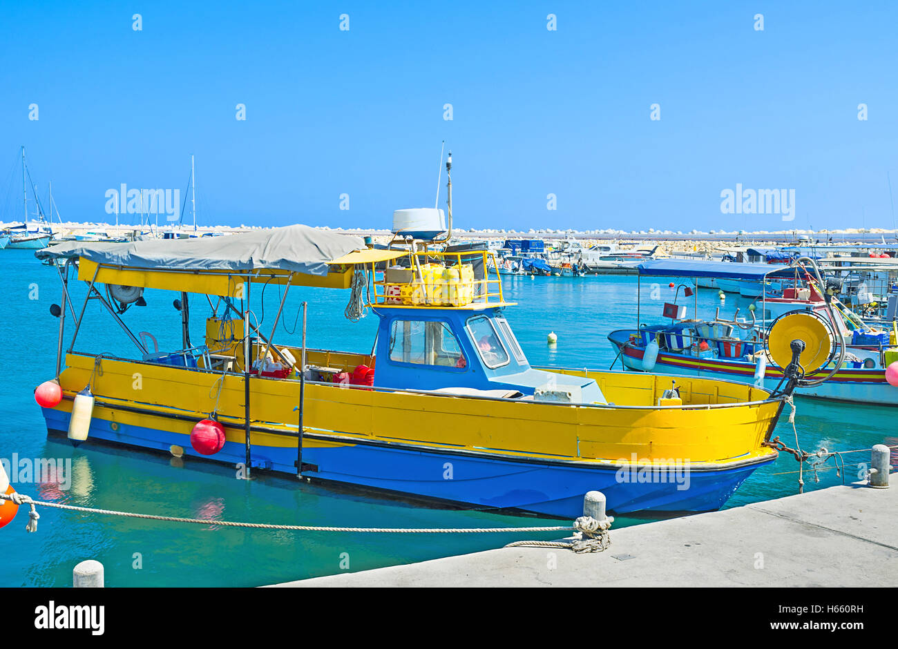 The colorful tourist boat in port of Zugi, Cyprus. Stock Photo