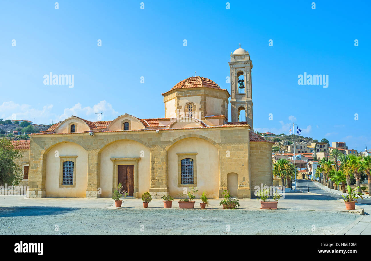 The church of St Marina welcomes tourists, visiting picturesque village of Psematismenos, Cyprus. Stock Photo